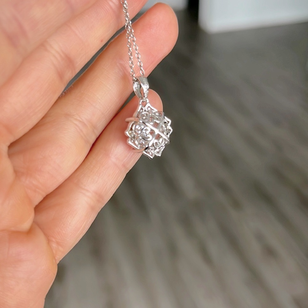 Sterling silver necklace with heart filigree and clear stone (double sided)